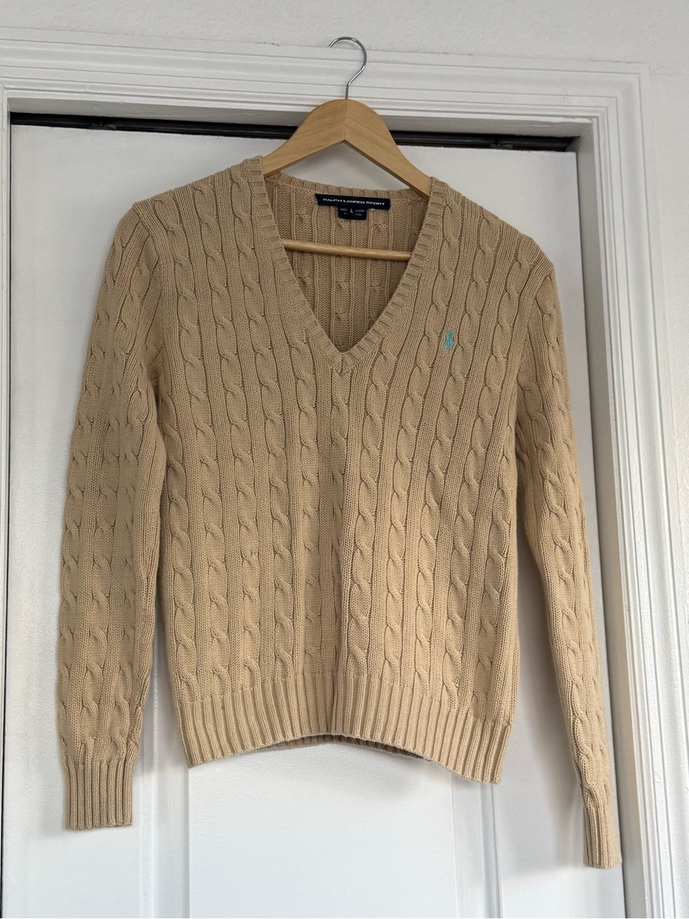 Lauren Ralph Lauren Tan Cable Knit V-Neck Sweater